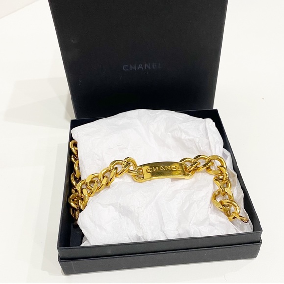 CHANEL 24k Flash Gold Plated Logo ID Necklace Curb Chain Unisex - Picture 12 of 12